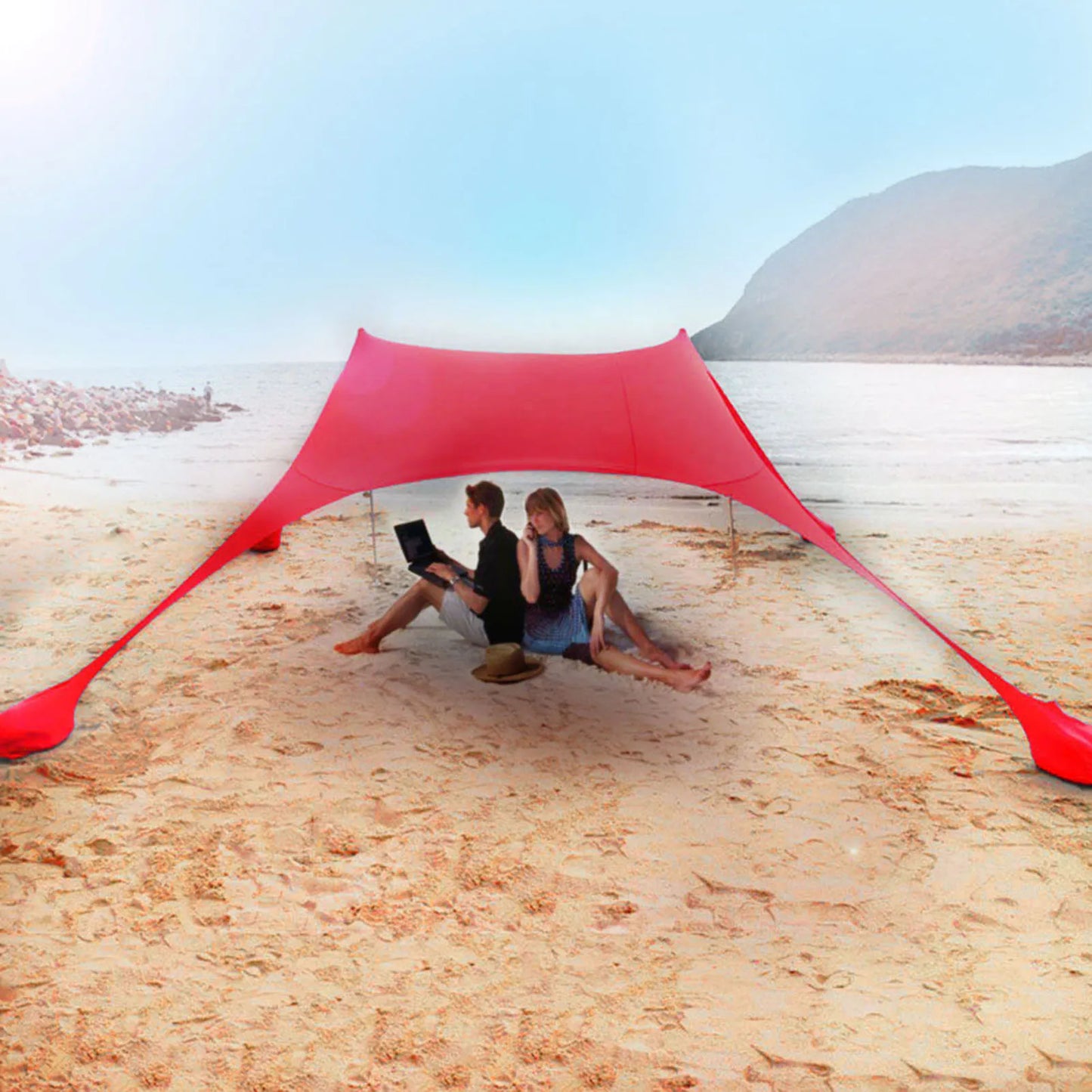 Beach Shade- Large Portable Windproof Beach Tent; Easy Pop Up Sun Shade