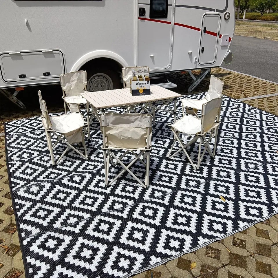 9x12ft Area Carpet RV Patio Mats Outdoor Plastic Camping Rug Large Size Beach Mat Sandproof Waterproof Folding Portable with Bag